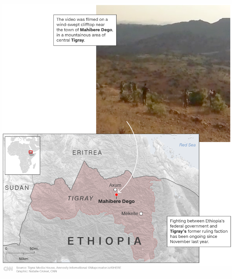 上の画像：動画はティグレ州中部の山岳地帯の町マヒベレ・デゴから近い崖の上で撮影された。下の地図：エチオピア連邦政府とティグレ州の支配勢力の戦いは昨年１１月から続いている/Source:Tigrai Media House, Amnesty International, Mapcreator.io/HERE Graphic: Natalie Croker, CNN
