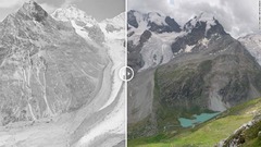 スイスの氷河、「８５年間で半減」の比較写真