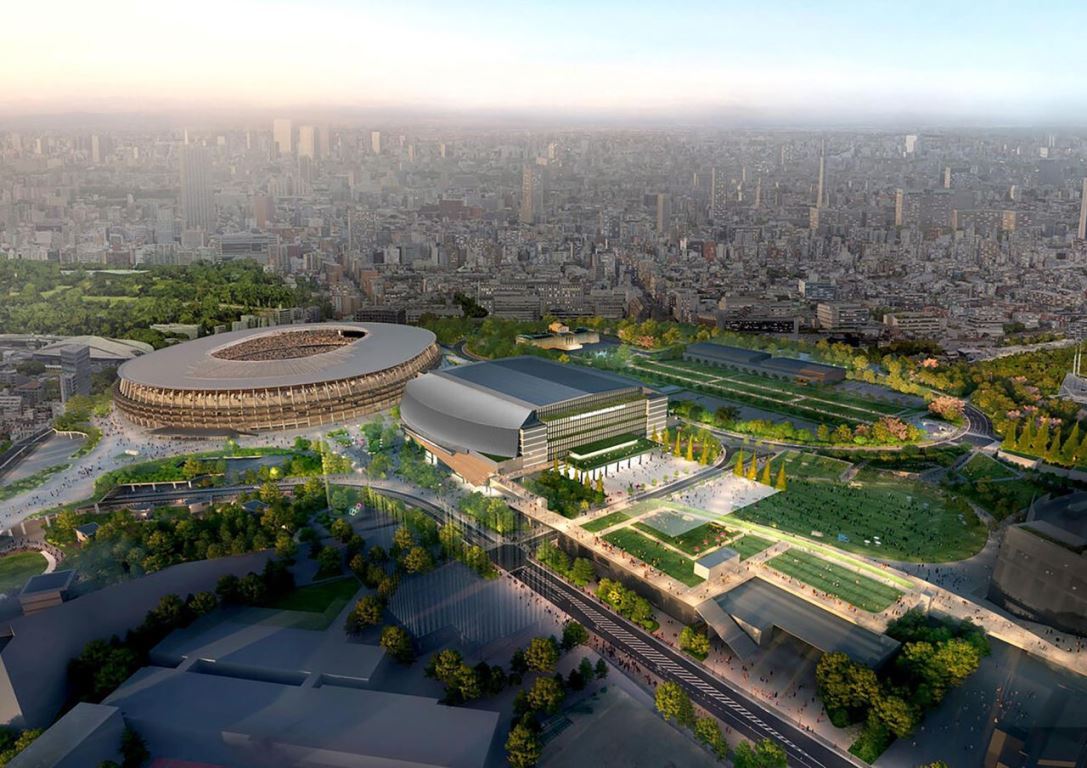 新国立競技場と並んだ新たなラグビー場の完成予想図。デザインは変更される可能性も/Chichibunomiya Rugby Stadium Co., Ltd.