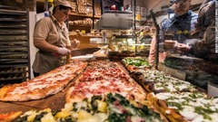 ローマのピザの１つ、「ピザ・アル・ターリオ」は切り売りの四角いピザだ