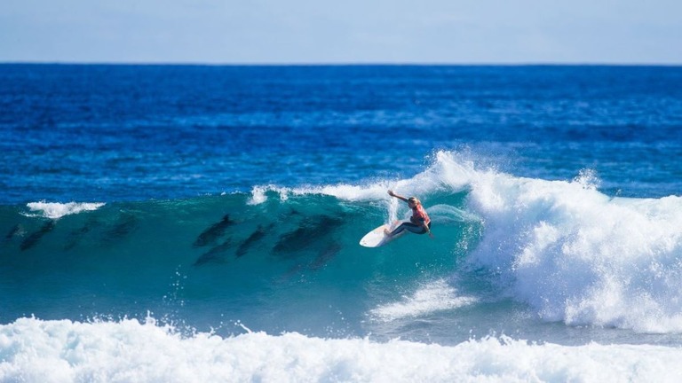 イルカの群れと一緒に波に乗るガブリエラ・ブライアン/Aaron Hughes/World Surf League/Getty Images