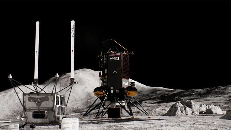 ノキアのアンテナを伸ばした月面探査車のイメージ図/ Intuitive Machines/Nokia Bell Labs